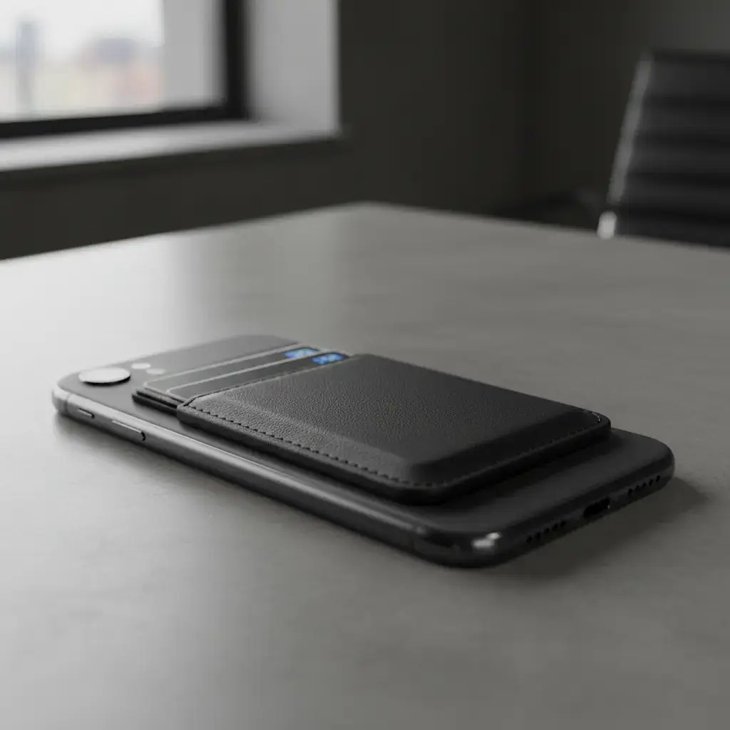 Sleek black magnetic card holder securely attached to a modern smartphone