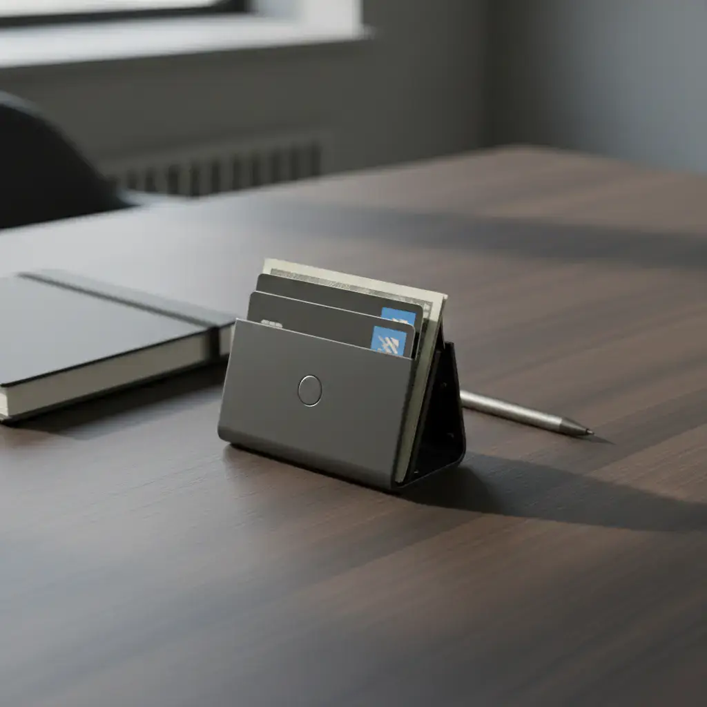 Early prototype of a minimalist magnetic wallet on a desk