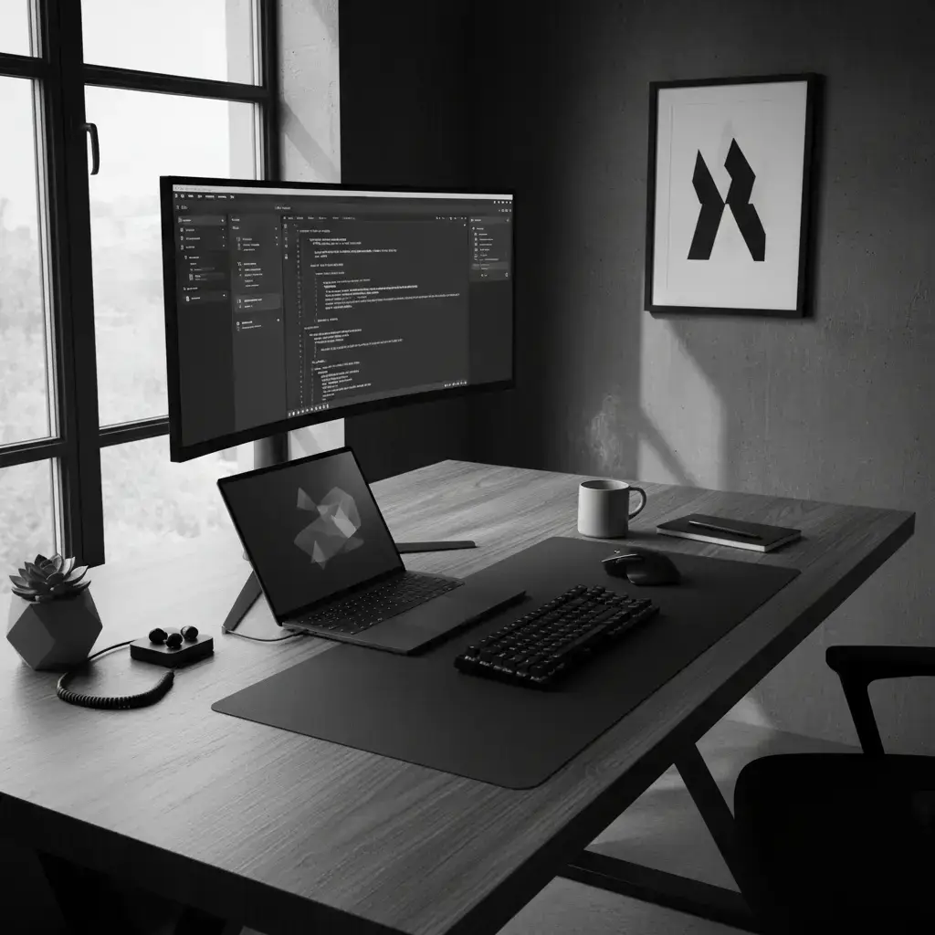 Monochrome lifestyle tech workspace setup