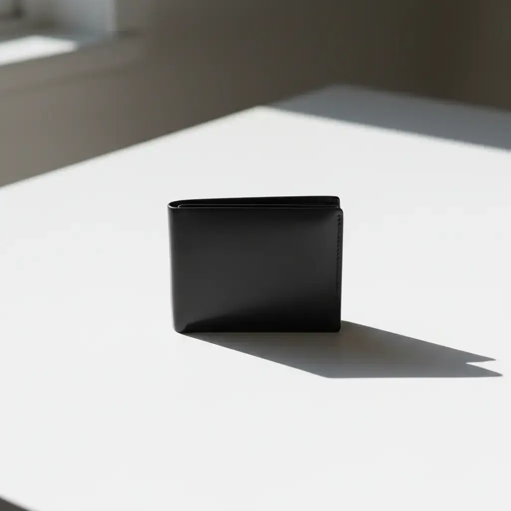 Minimalist black wallet resting on a pure white table