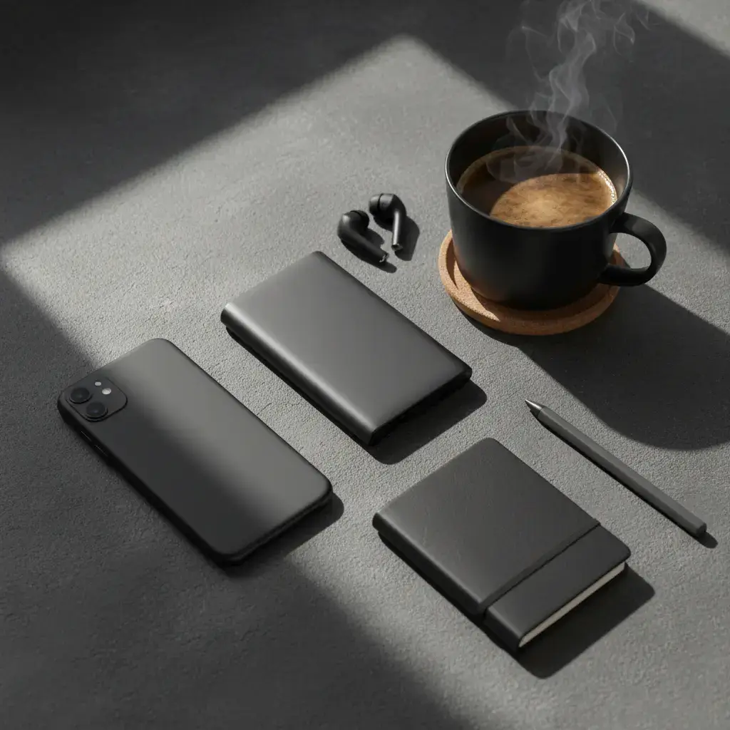 Minimalist tech everyday carry next to coffee