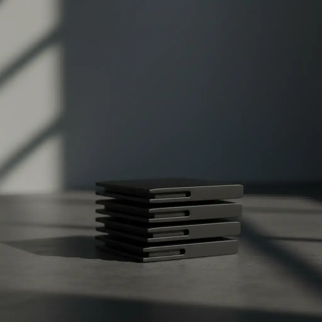 Stack of minimalist black magnetic wallets
